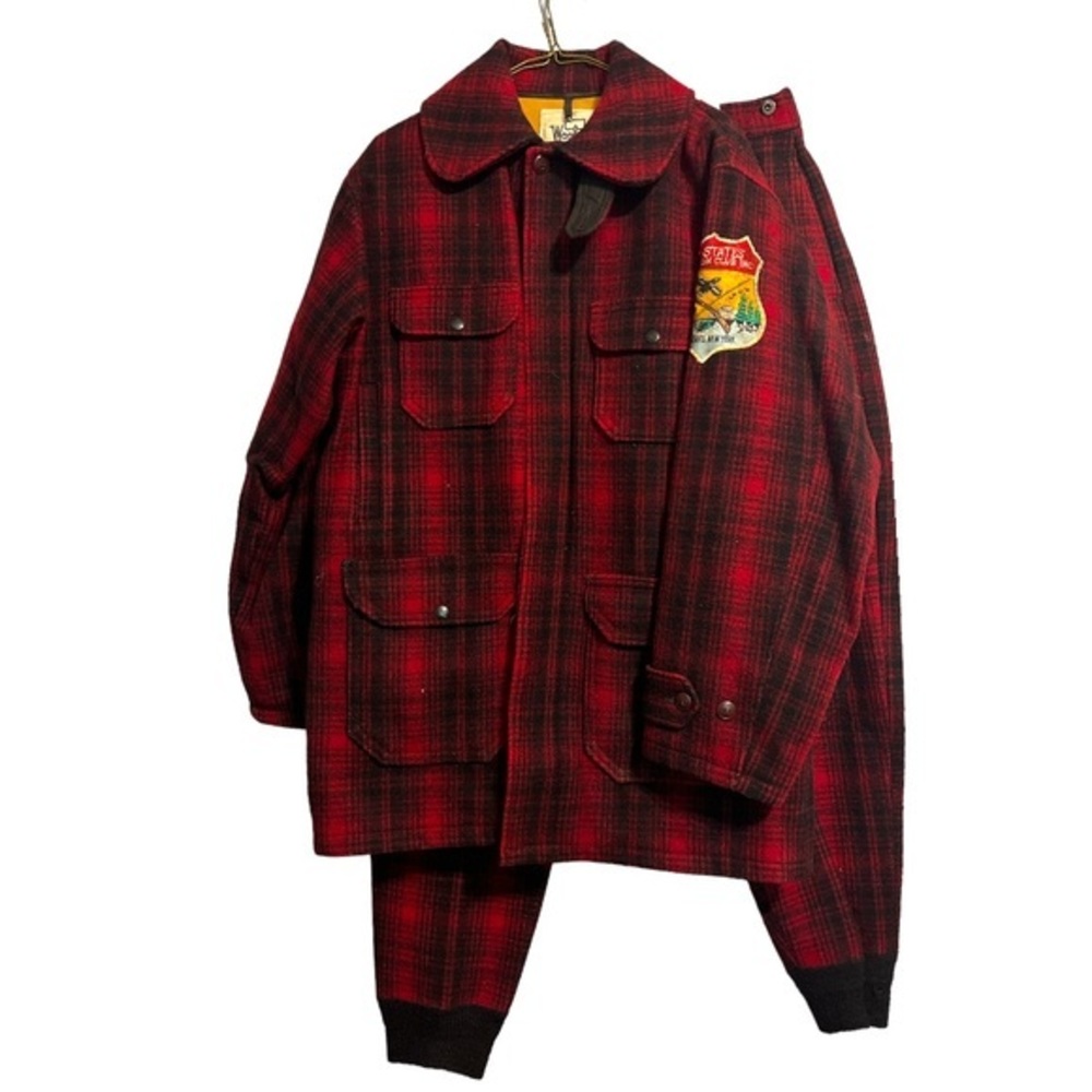Vtg 40s 50s Woolrich Red Plaid Hunting Ski Suit Mackinaw Coat & Jogger Pants 40L